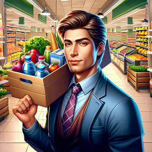 Supermarket Manager Simulator gameplay featuring a 3D store with fully stocked shelves and busy customers.